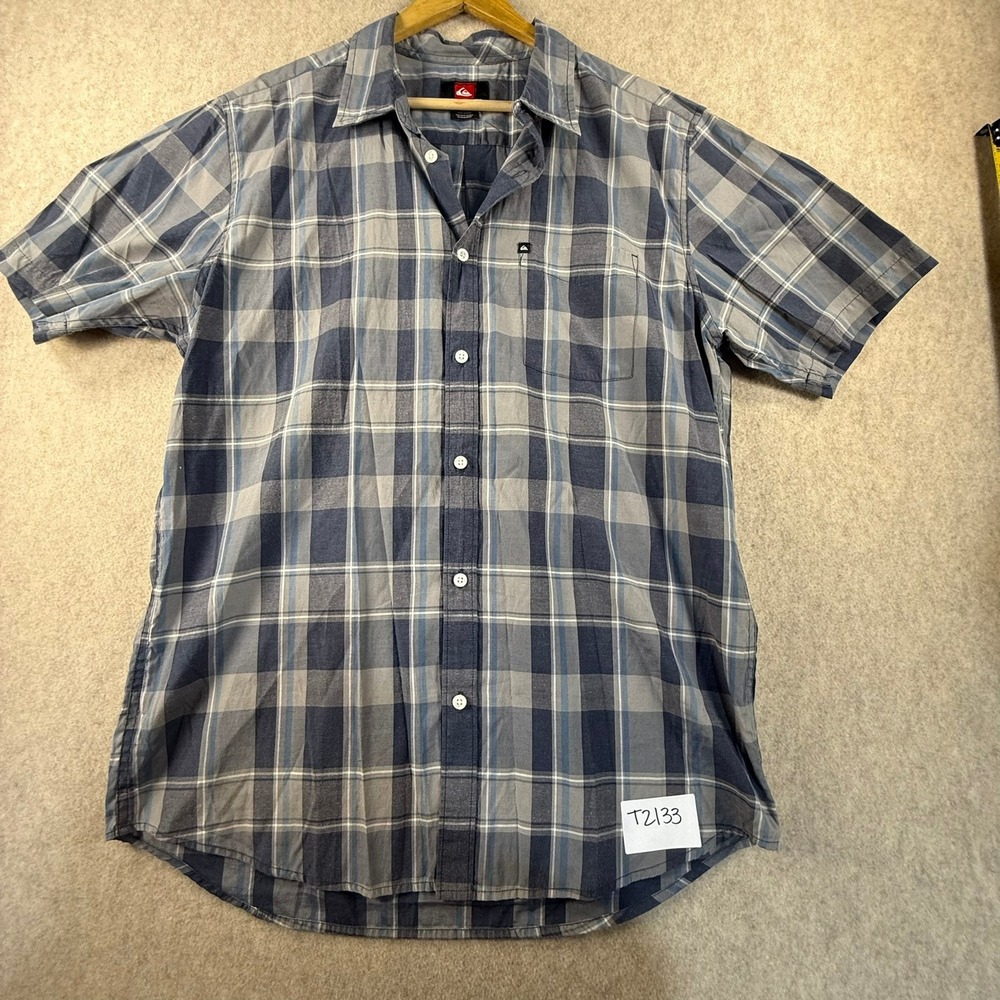 Quiksilver Mens Blue Grey Plaid Short Sleeve Button Down Shirt Large